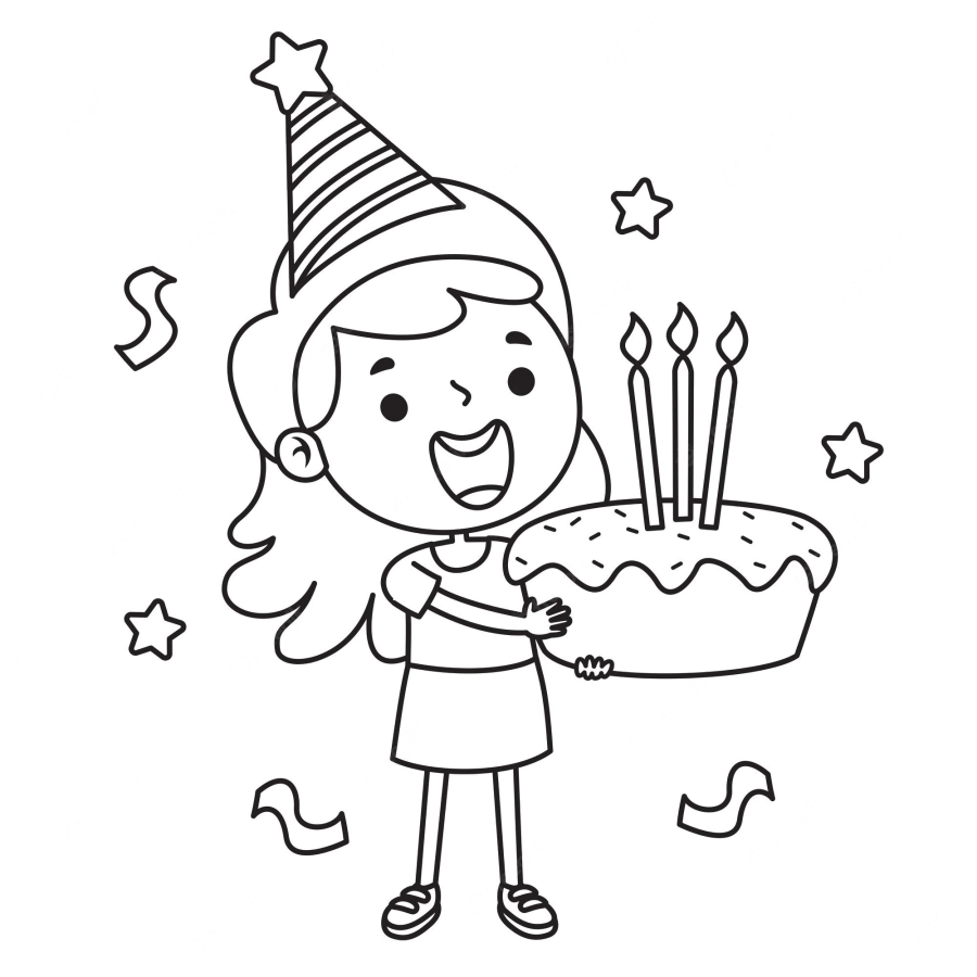 desenho de aniversário para colorir de menina com bolo