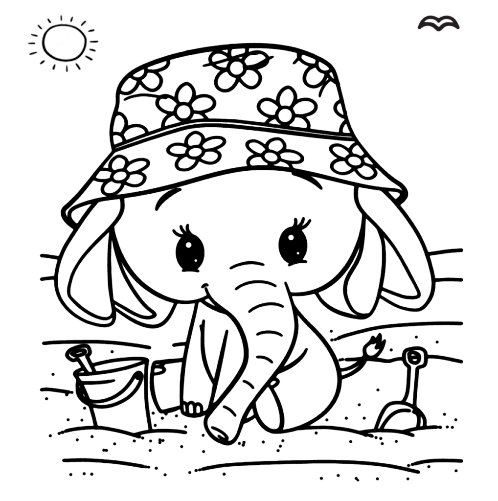 elefantinho na praia para colorir